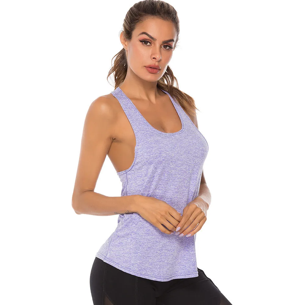 Women's athletic vest in slate blue with racerback design and O-neck collar
