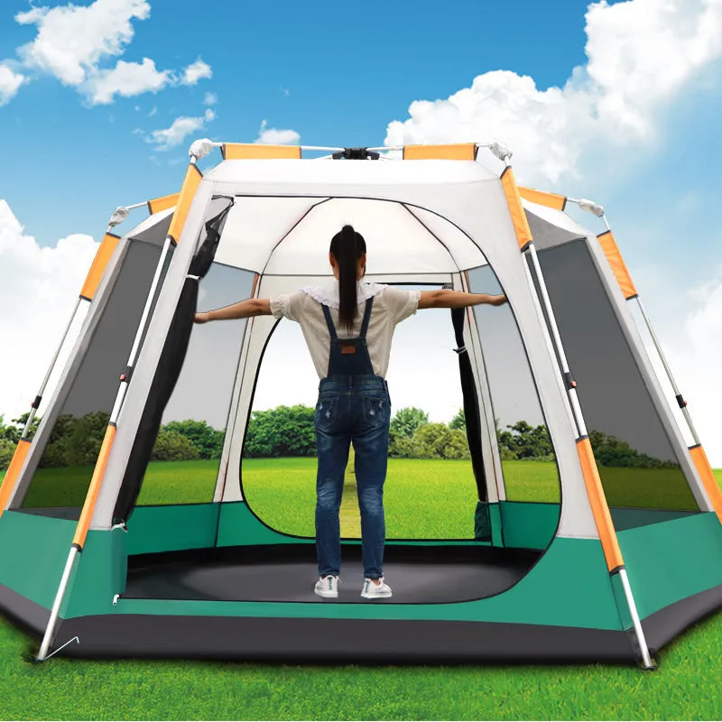 Outdoor fully automatic camping tent in green with all-aluminium frame and snow skirt
