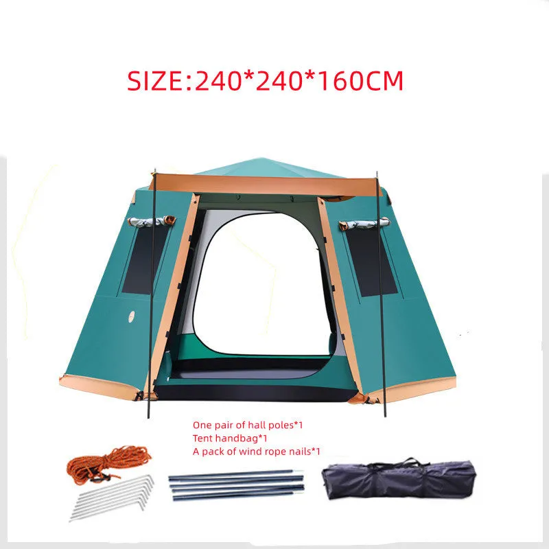 Outdoor fully automatic camping tent in green with all-aluminium frame and snow skirt