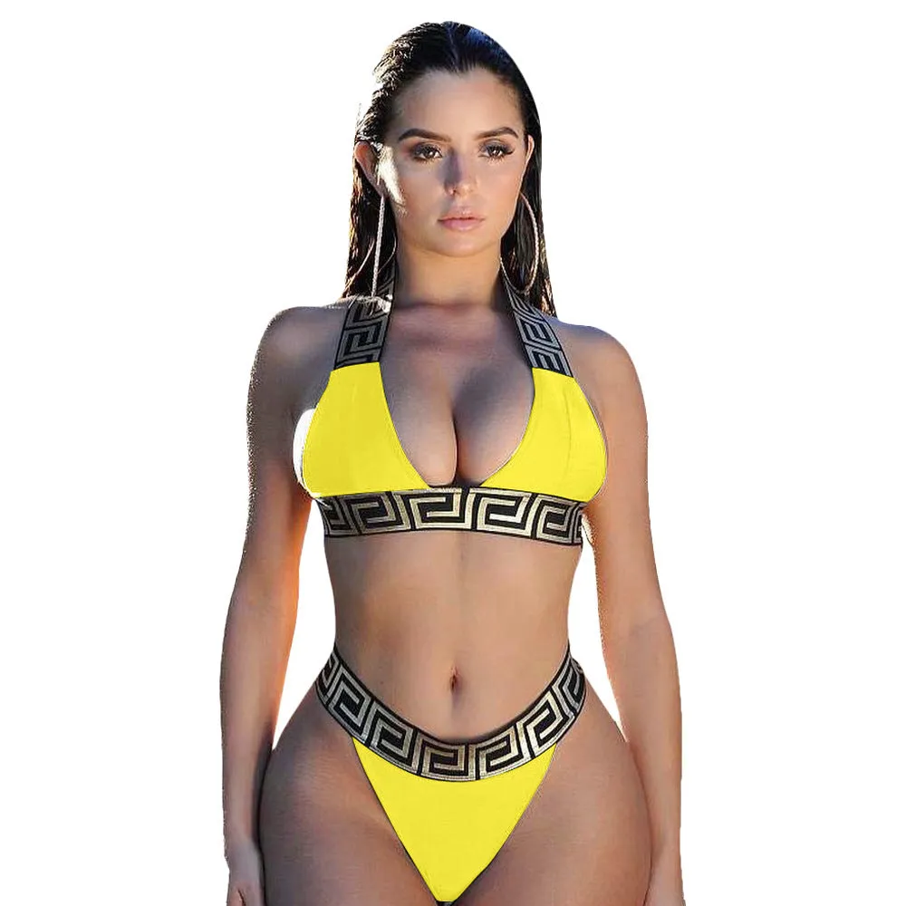 Printed bikini two piece swimsuit in polyester with no chest pad, available in five colours, Asian sizing S-XL
