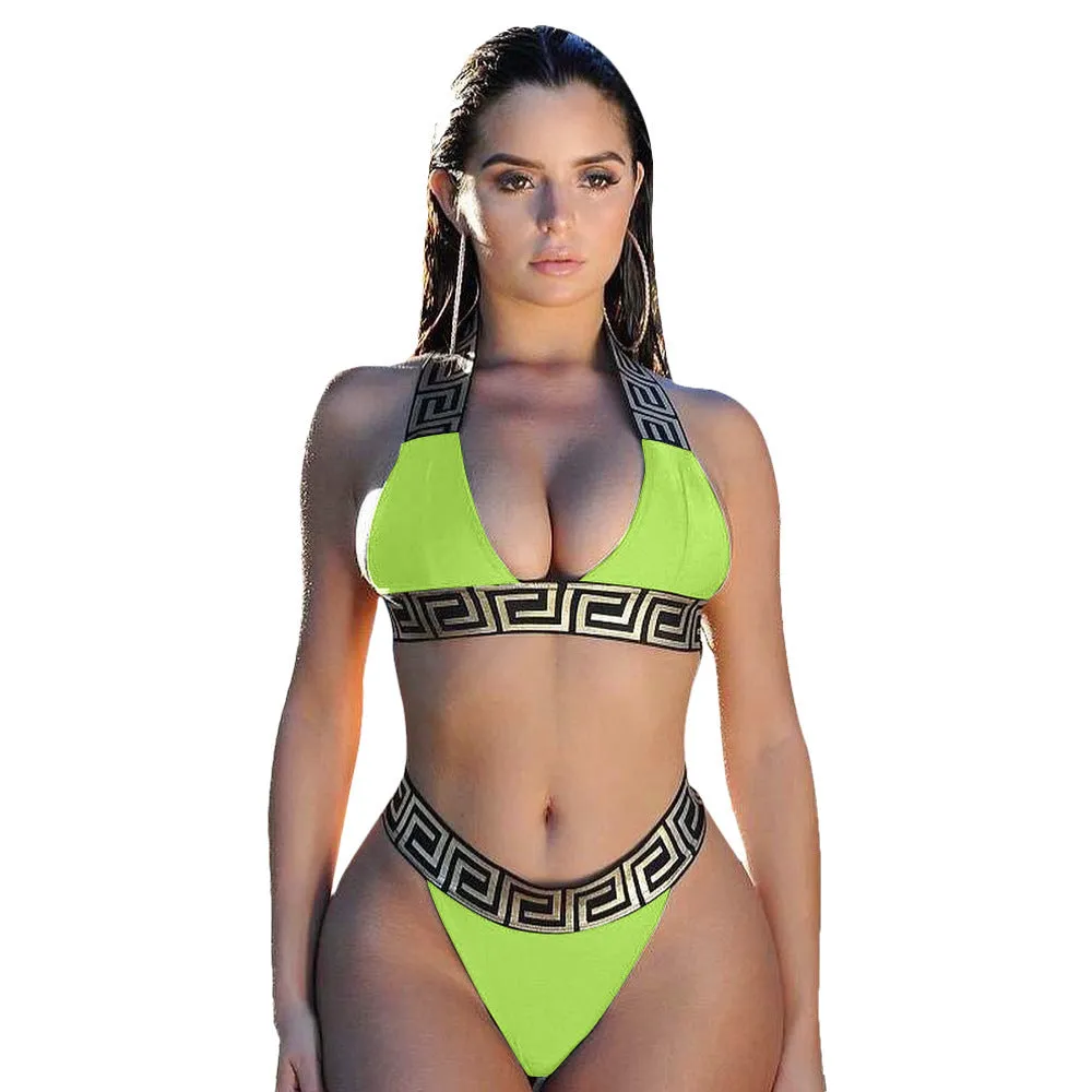 Printed bikini two piece swimsuit in polyester with no chest pad, available in five colours, Asian sizing S-XL