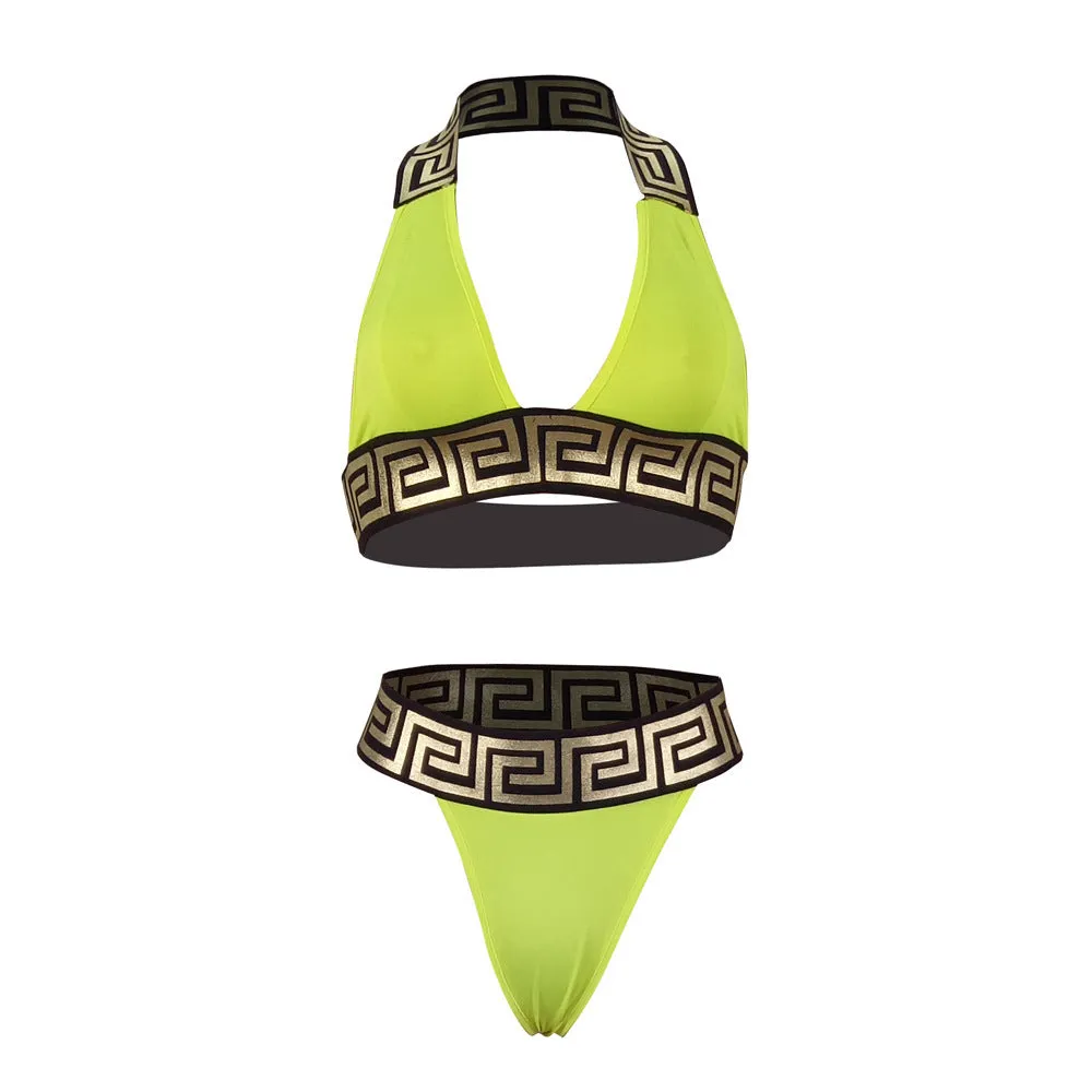 Printed bikini two piece swimsuit in polyester with no chest pad, available in five colours, Asian sizing S-XL