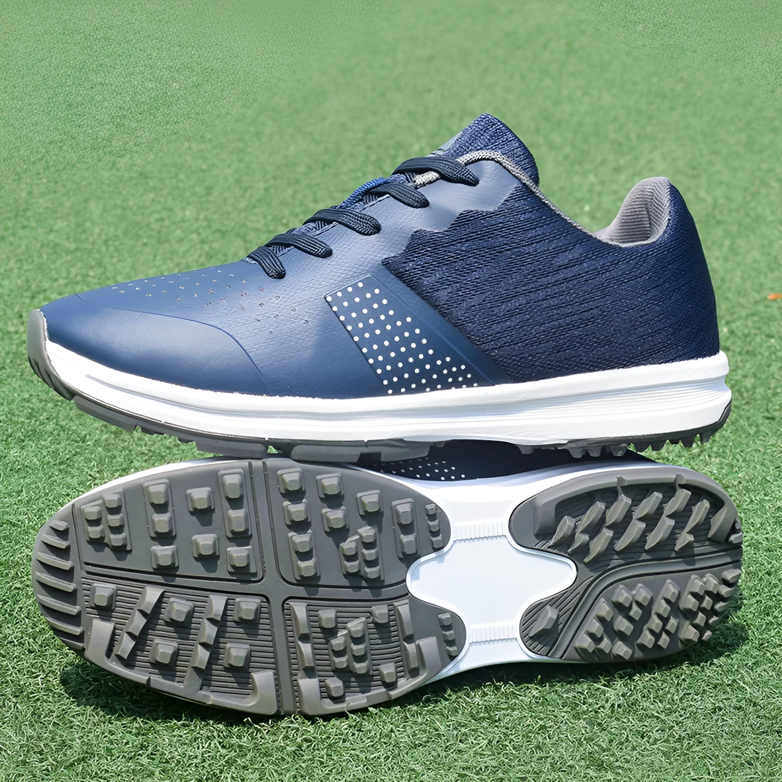 Men's waterproof non-slip golf training shoes in black with breathable mesh upper and rubber sole