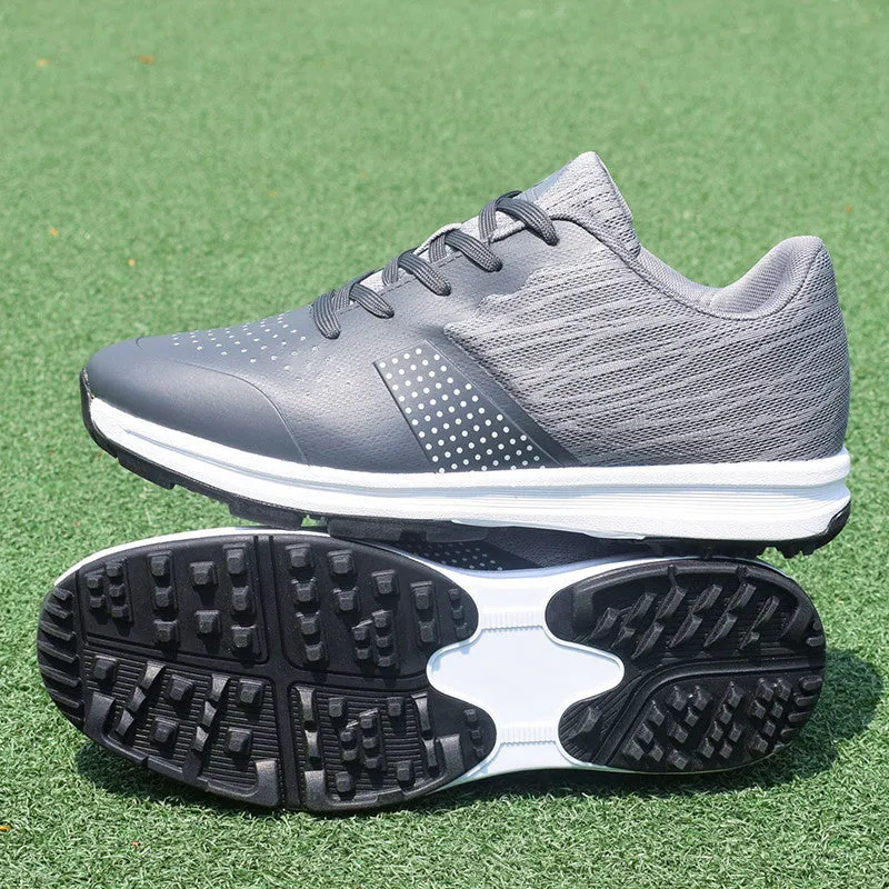 Men's waterproof non-slip golf training shoes in black with breathable mesh upper and rubber sole