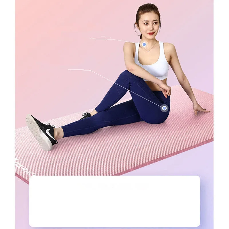 Widened blue TPE yoga mat 183x61cm on floor for home fitness stretching