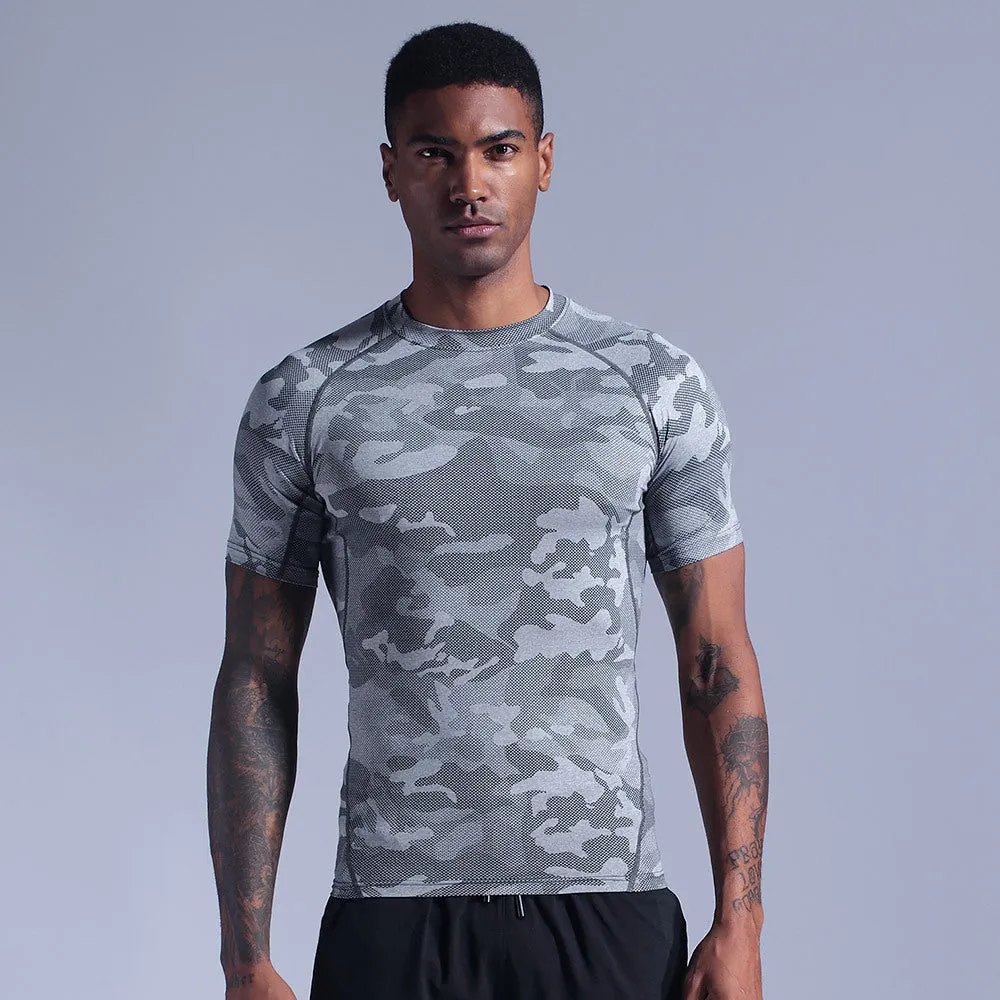 Men's quick-drying polyester fitness tights in black for running and gym training, front view