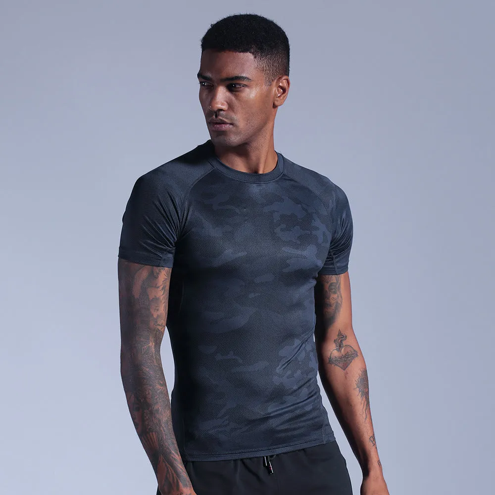 Men's quick-drying polyester fitness tights in black for running and gym training, front view