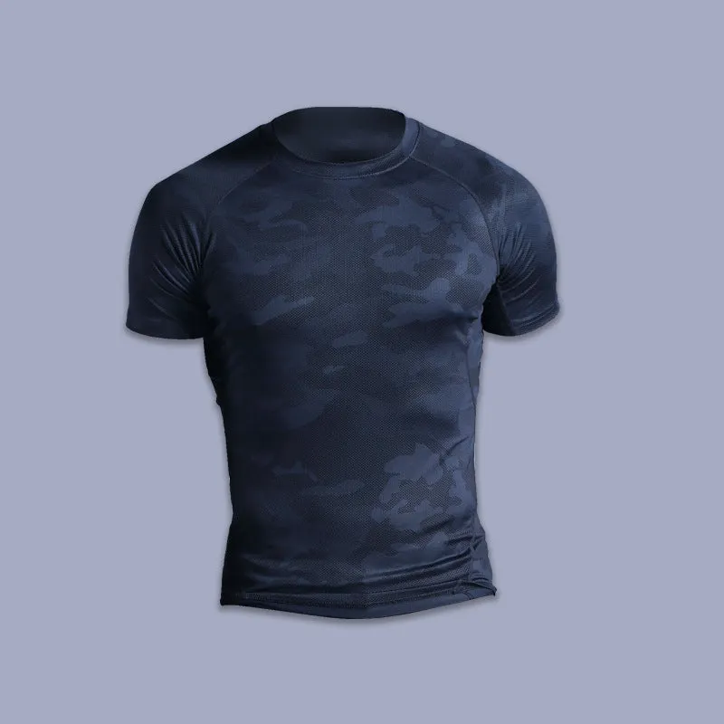 Men's quick-drying polyester fitness tights in black for running and gym training, front view