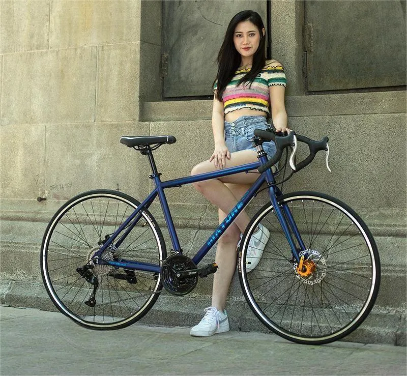 Aluminium alloy road bike with flat handlebar, 48cm frame, matted blue colour