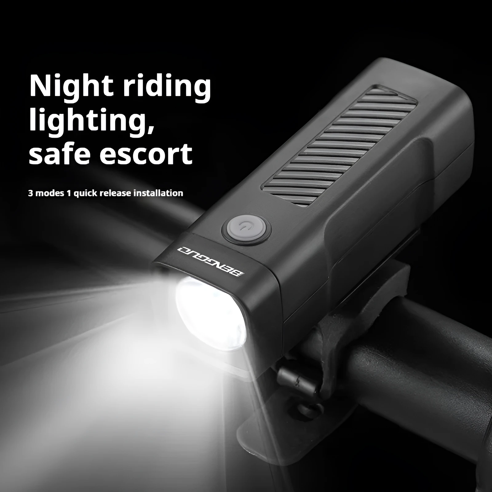 Black bicycle headlight with quick release strap bracket mounted on handlebars