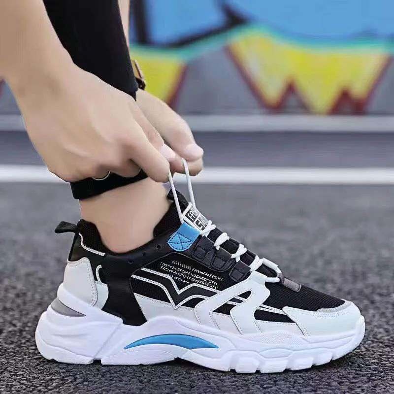 All-match platform running sneakers all black round toe PU upper men's trainers