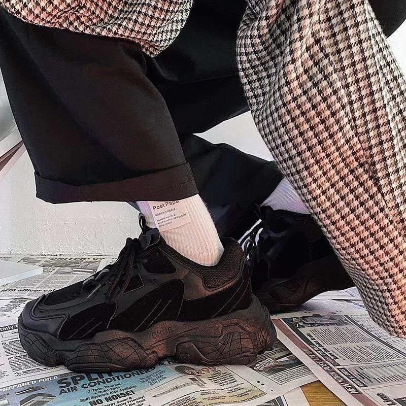 All-match platform running sneakers all black round toe PU upper men's trainers