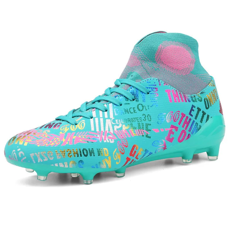 Men's large size soccer shoes with broken nail studs and breathable PU upper in beige and black rose colourways