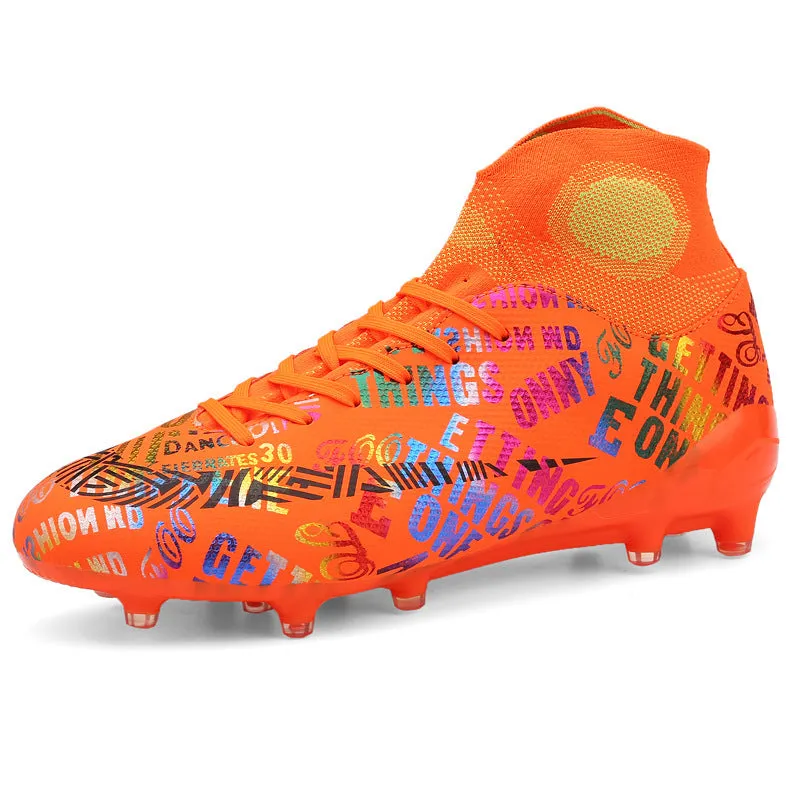 Men's large size soccer shoes with broken nail studs and breathable PU upper in beige and black rose colourways