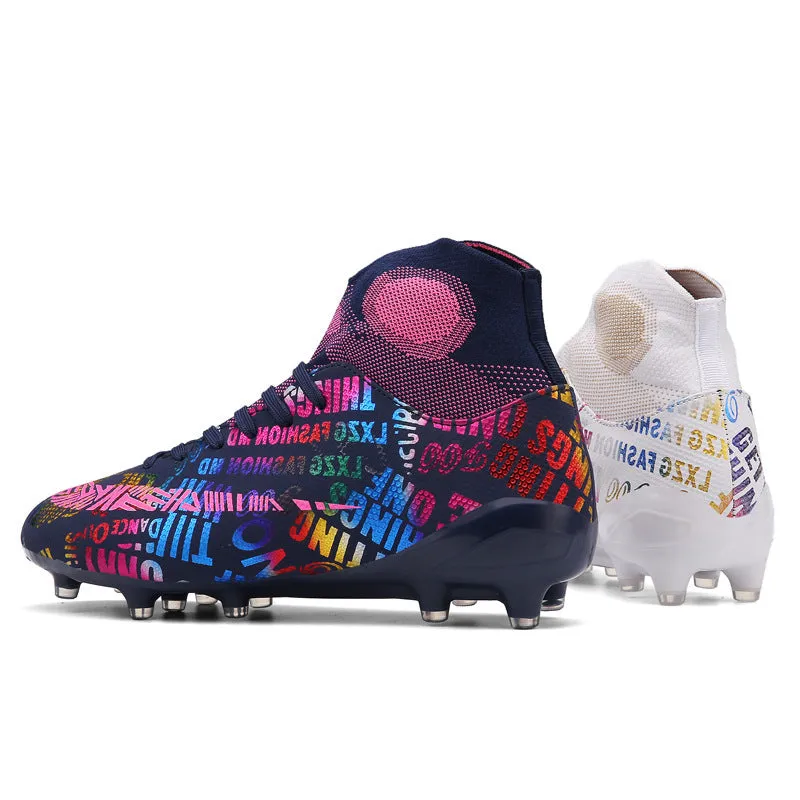 Men's large size soccer shoes with broken nail studs and breathable PU upper in beige and black rose colourways