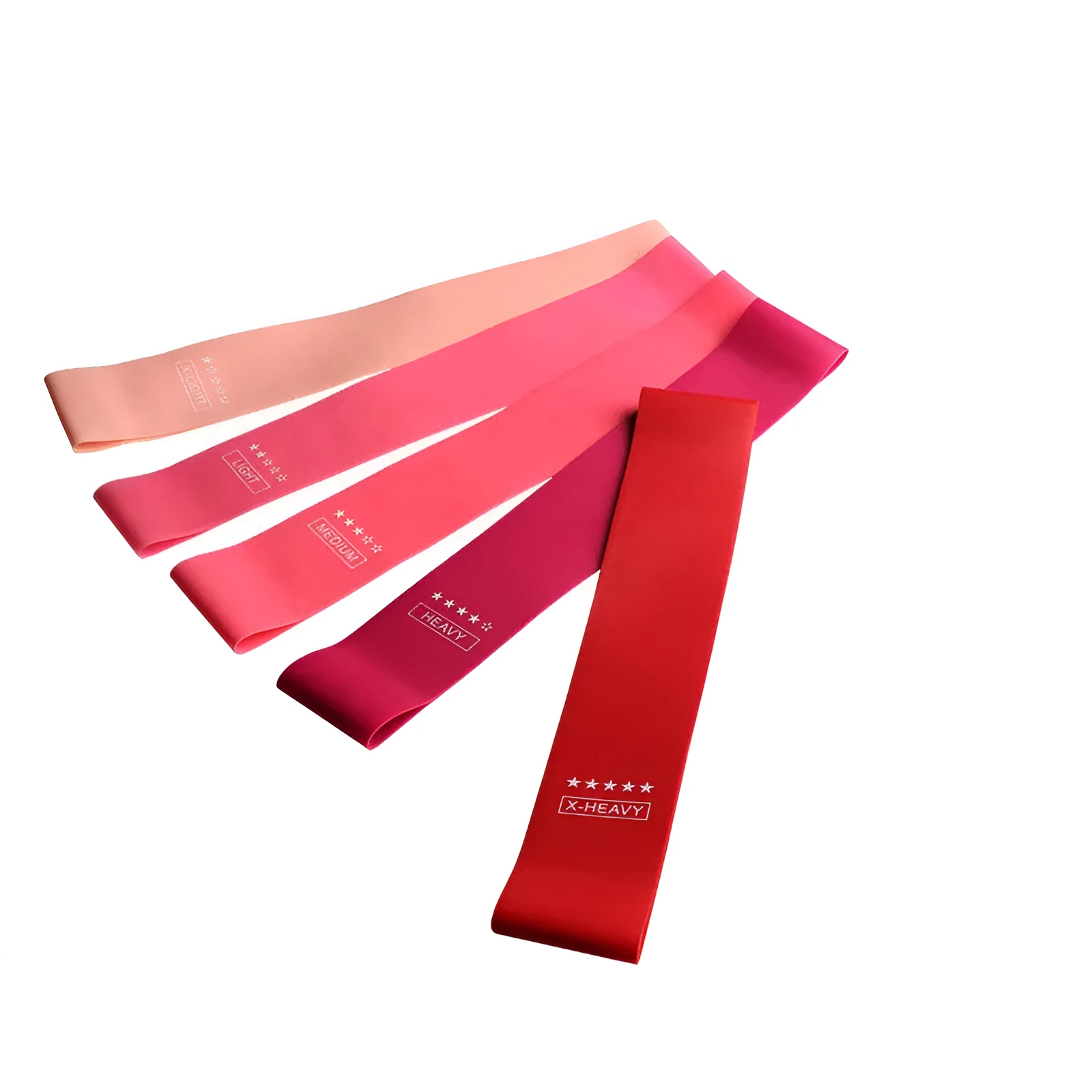 Five pink gradient latex yoga tension bands with varying thickness for resistance training