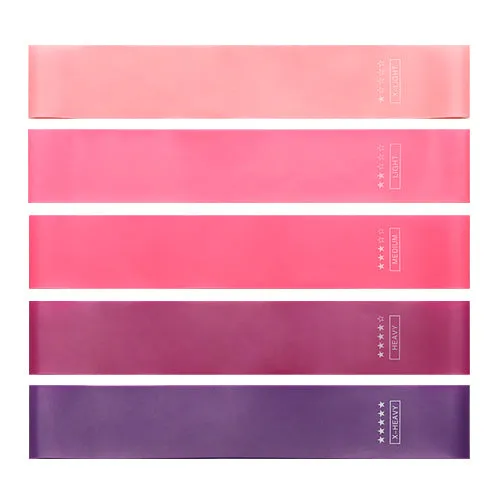 Five pink gradient latex yoga tension bands with varying thickness for resistance training