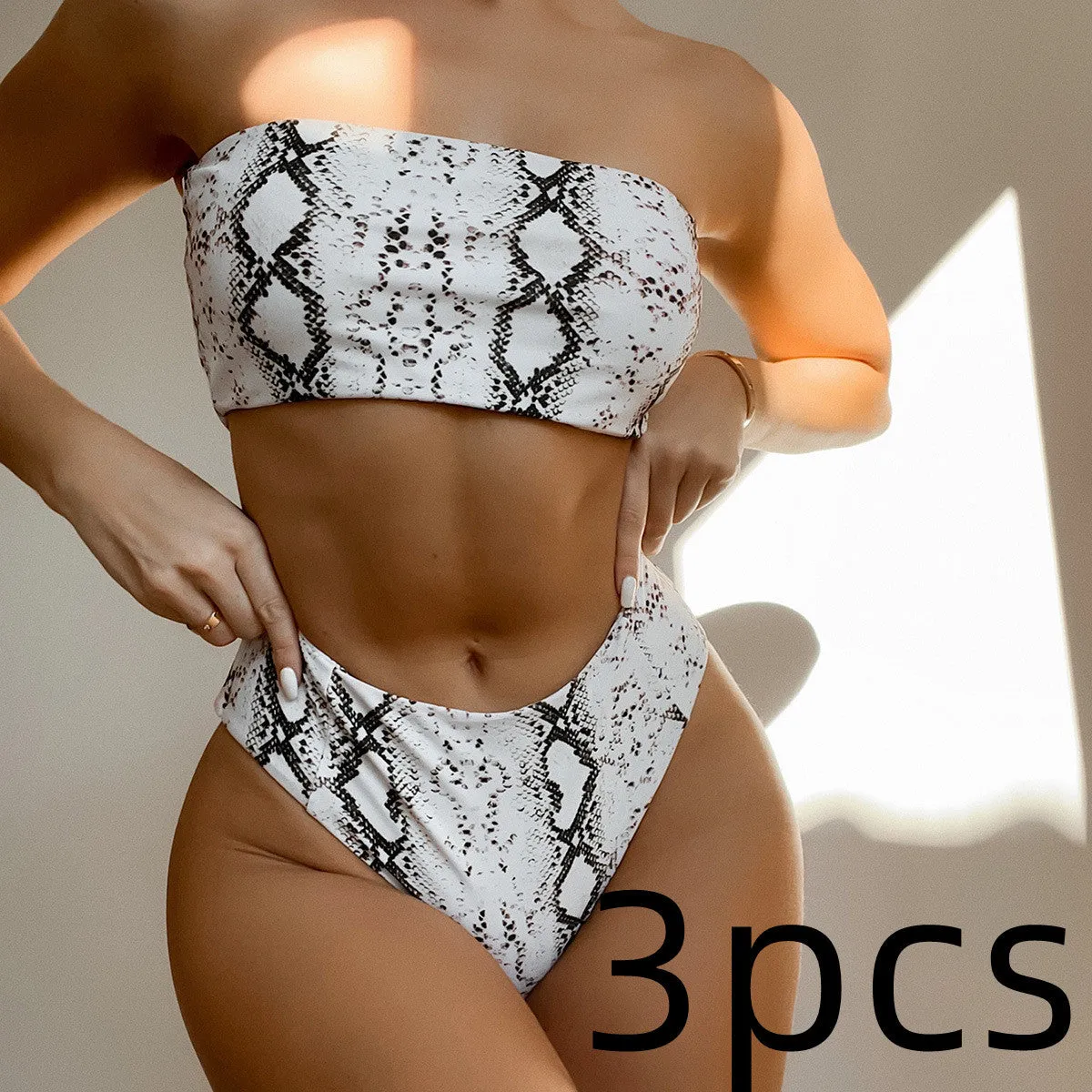 Bandeau snake print bikini high-waist brief with chest pad polyester fibre swimsuit