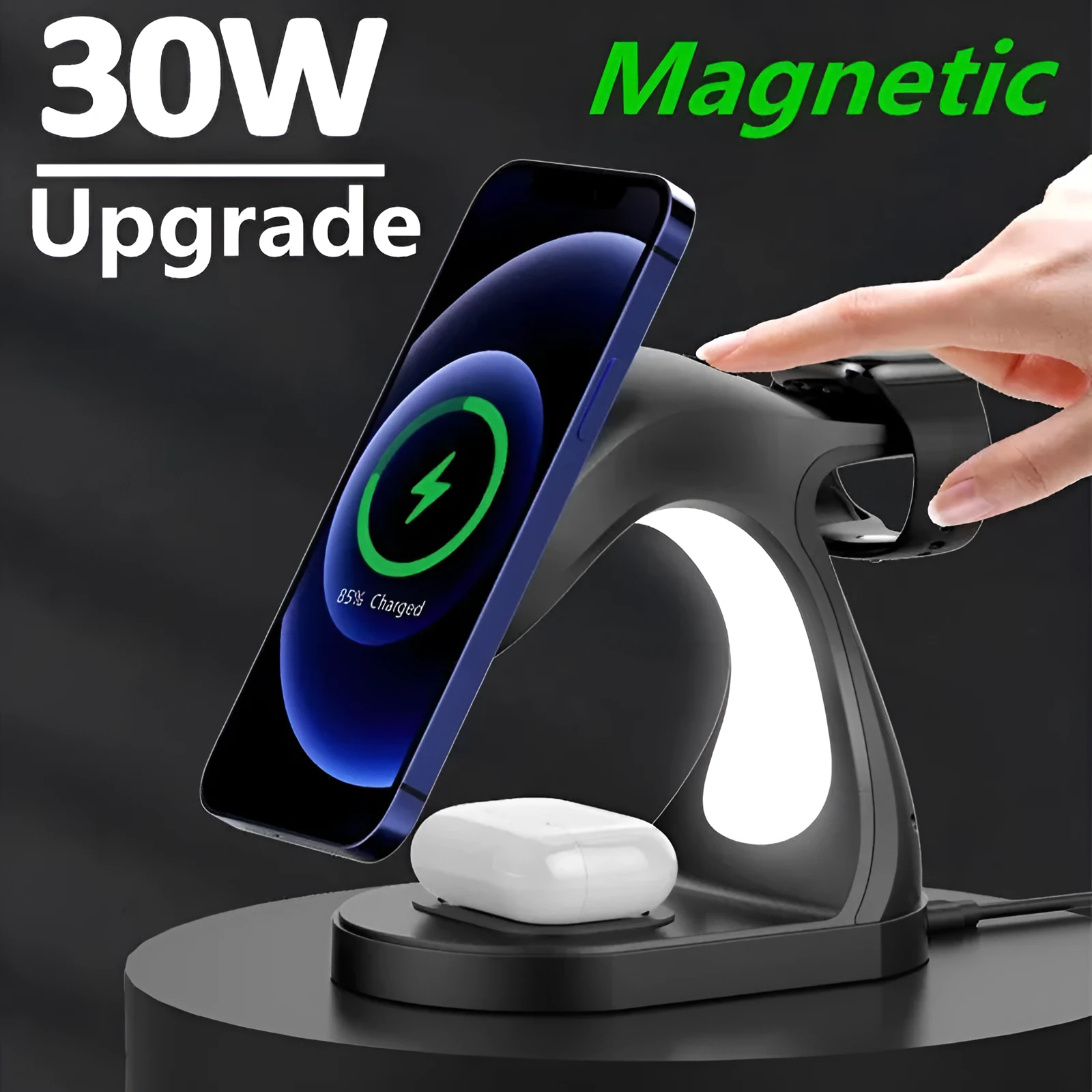 Fast Four In One Magnetic Wireless Fast Charger in black with phone, earphones, and watch placed on charging areas