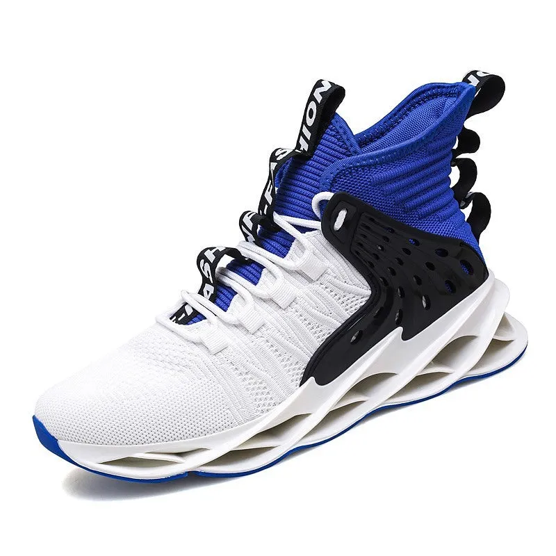 Men's flyknit blade sole mid-top sneakers in white and black colourway