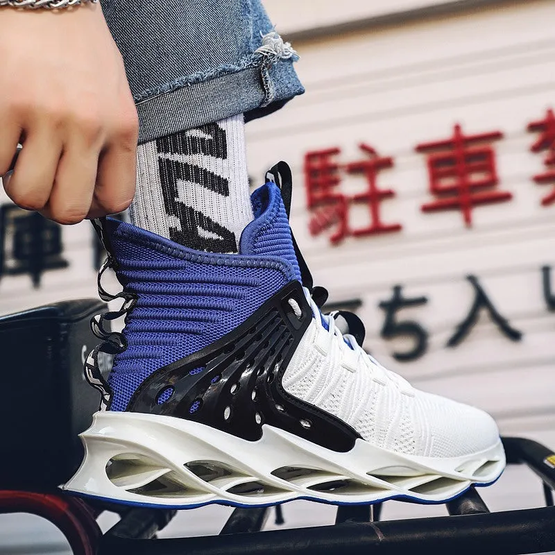 Men's flyknit blade sole mid-top sneakers in white and black colourway