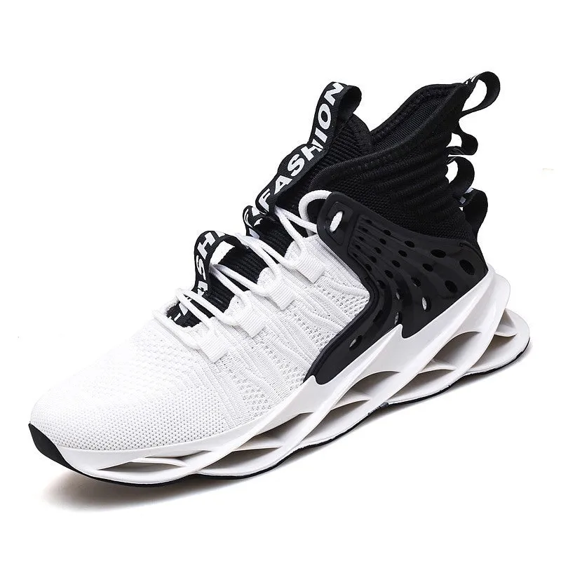 Men's flyknit blade sole mid-top sneakers in white and black colourway