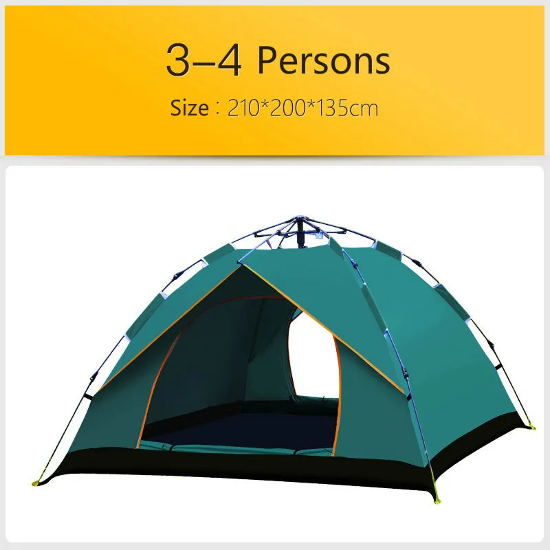 Automatic hexagonal multi-person double-layer outdoor camping rain tent in green with carbon fiber poles