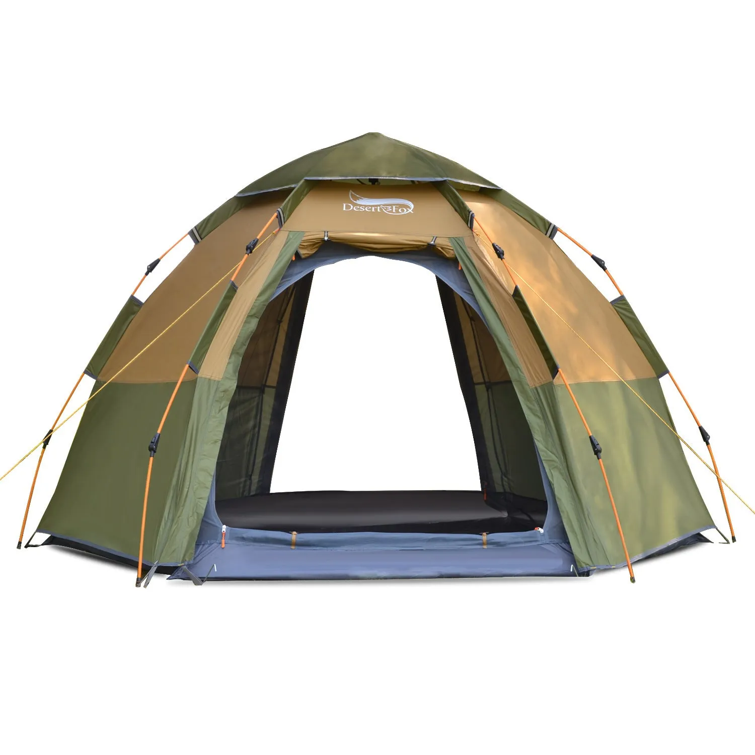 Automatic hexagonal multi-person double-layer outdoor camping rain tent in green with carbon fiber poles