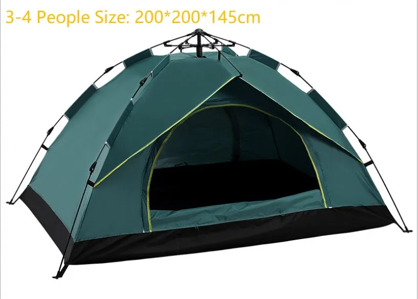 Automatic hexagonal multi-person double-layer outdoor camping rain tent in green with carbon fiber poles