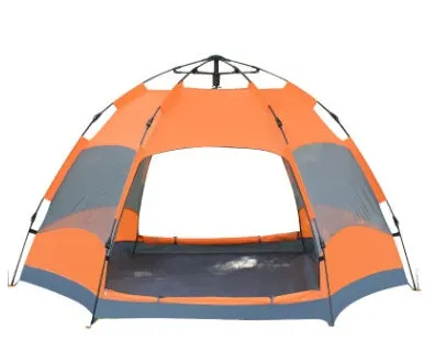 Automatic hexagonal multi-person double-layer outdoor camping rain tent in green with carbon fiber poles