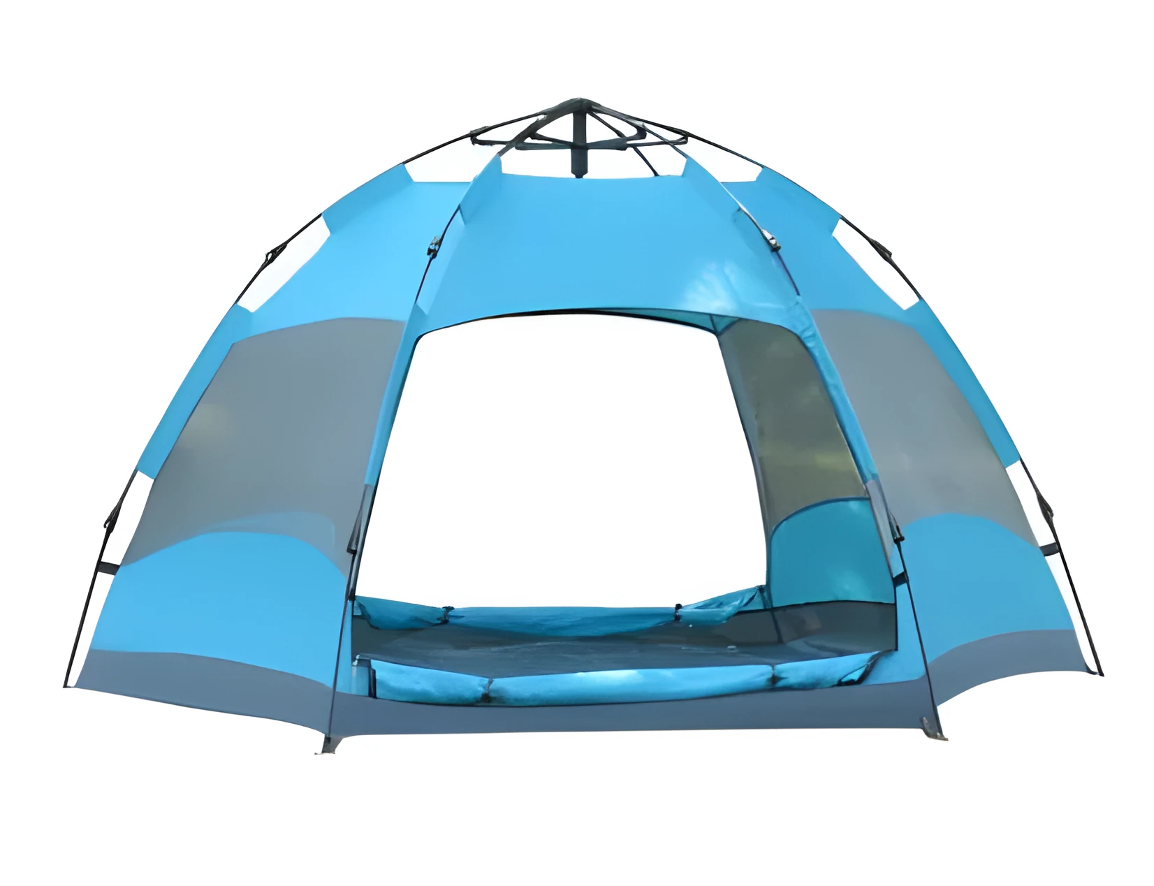 Automatic hexagonal multi-person double-layer outdoor camping rain tent in green with carbon fiber poles