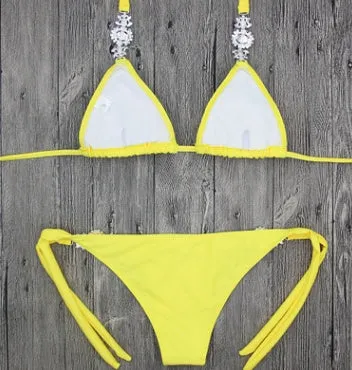 Sexy solid colour diamond bandage split swimsuit, no steel wire, polyester spandex, available in black, white, blue, green, pink, red wine, yellow women's swimwear