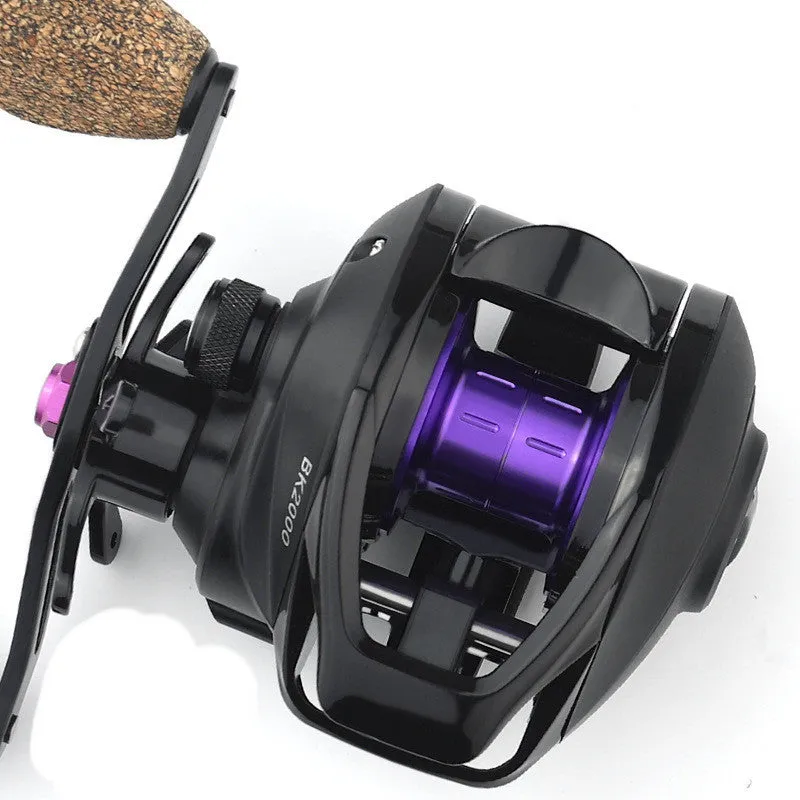 BK water drop wheel fishing reel with ceramic line outlet, metal spool, and cork grip on dark background