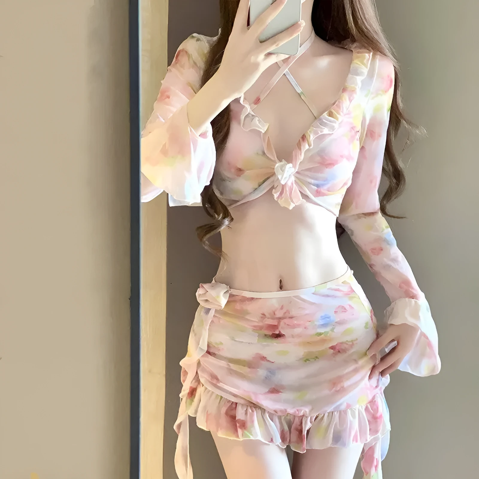 Women's cherry blossom pink floral print bikini swimsuit with coordinated top and bottom