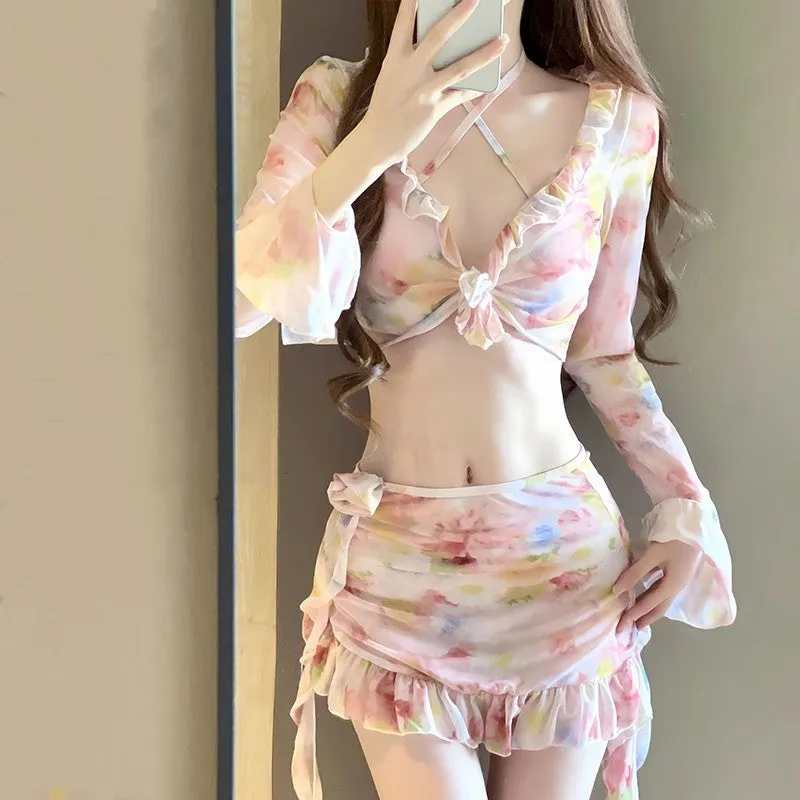 Women's cherry blossom pink floral print bikini swimsuit with coordinated top and bottom