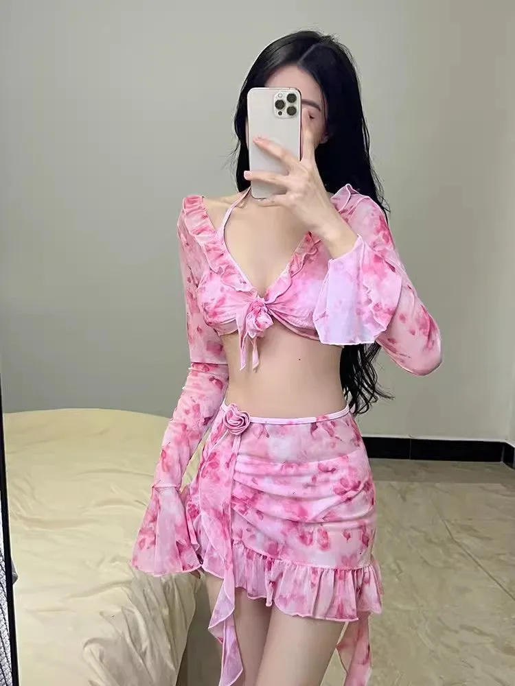 Women's cherry blossom pink floral print bikini swimsuit with coordinated top and bottom