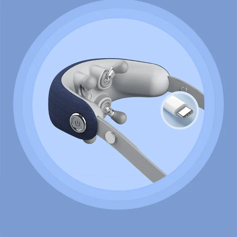 Rechargeable neck massager in dark blue with imitation hand grip and heat function on a home surface