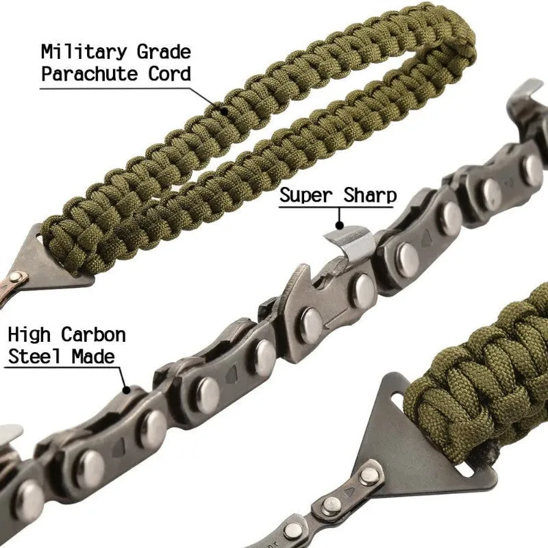 Army Green braided rope pocket saw fully extended to 103 cm length on outdoor ground surface