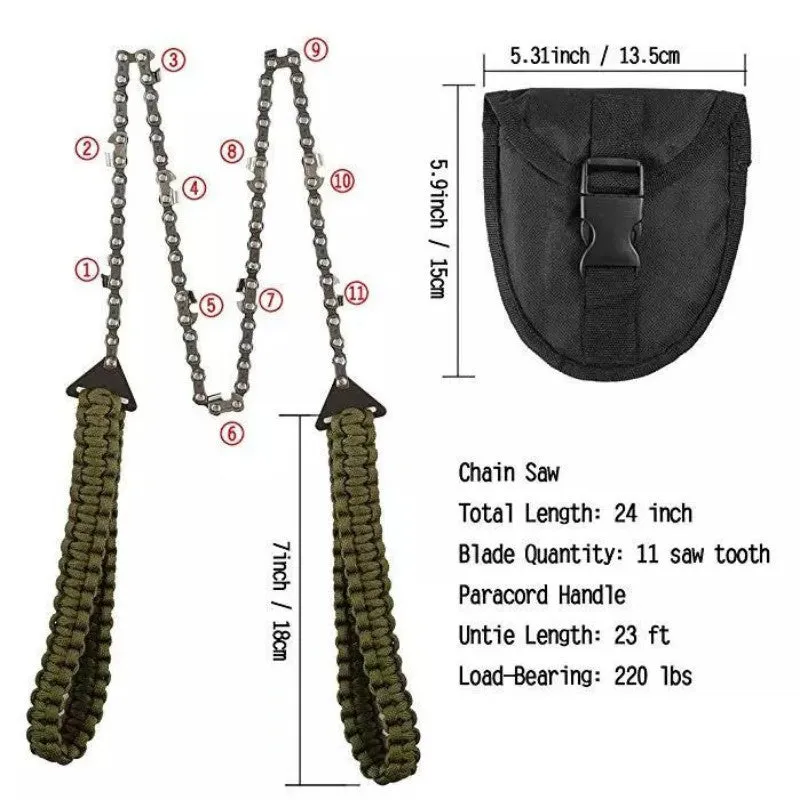 Army Green braided rope pocket saw fully extended to 103 cm length on outdoor ground surface