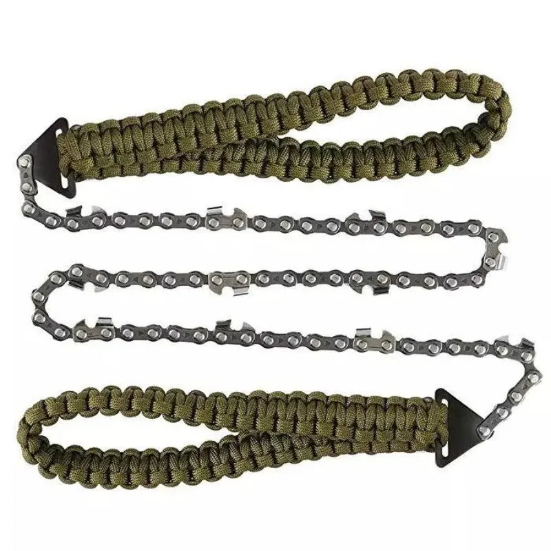 Army Green braided rope pocket saw fully extended to 103 cm length on outdoor ground surface
