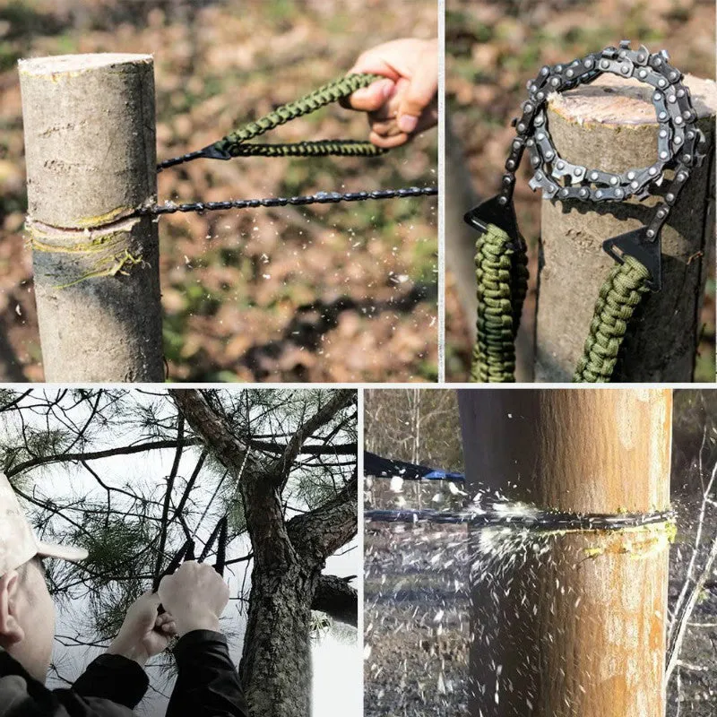 Army Green braided rope pocket saw fully extended to 103 cm length on outdoor ground surface