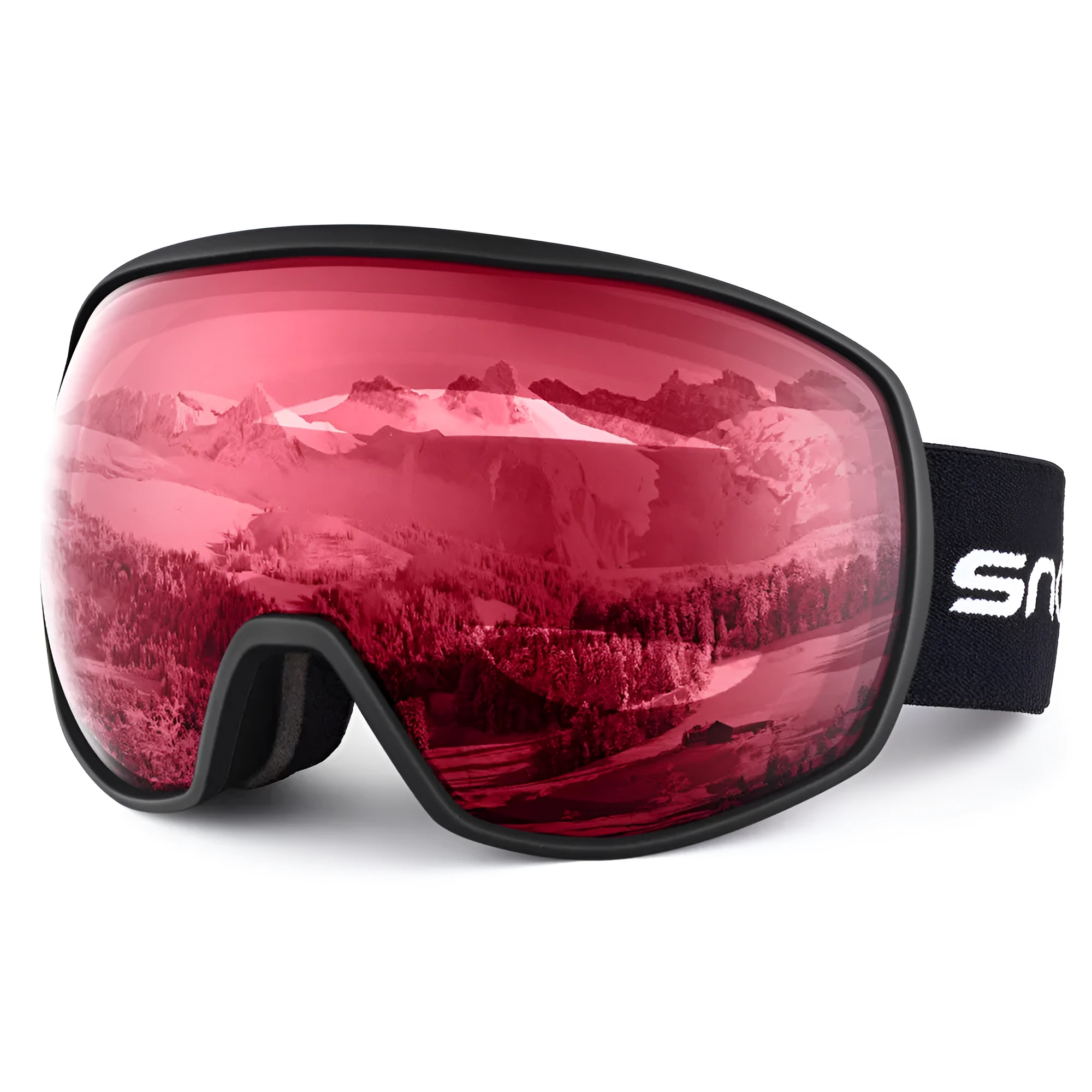 Double-layer anti-fog ski goggles in glossy white frame with pink dual lens and SNOWLEDGE laser logo