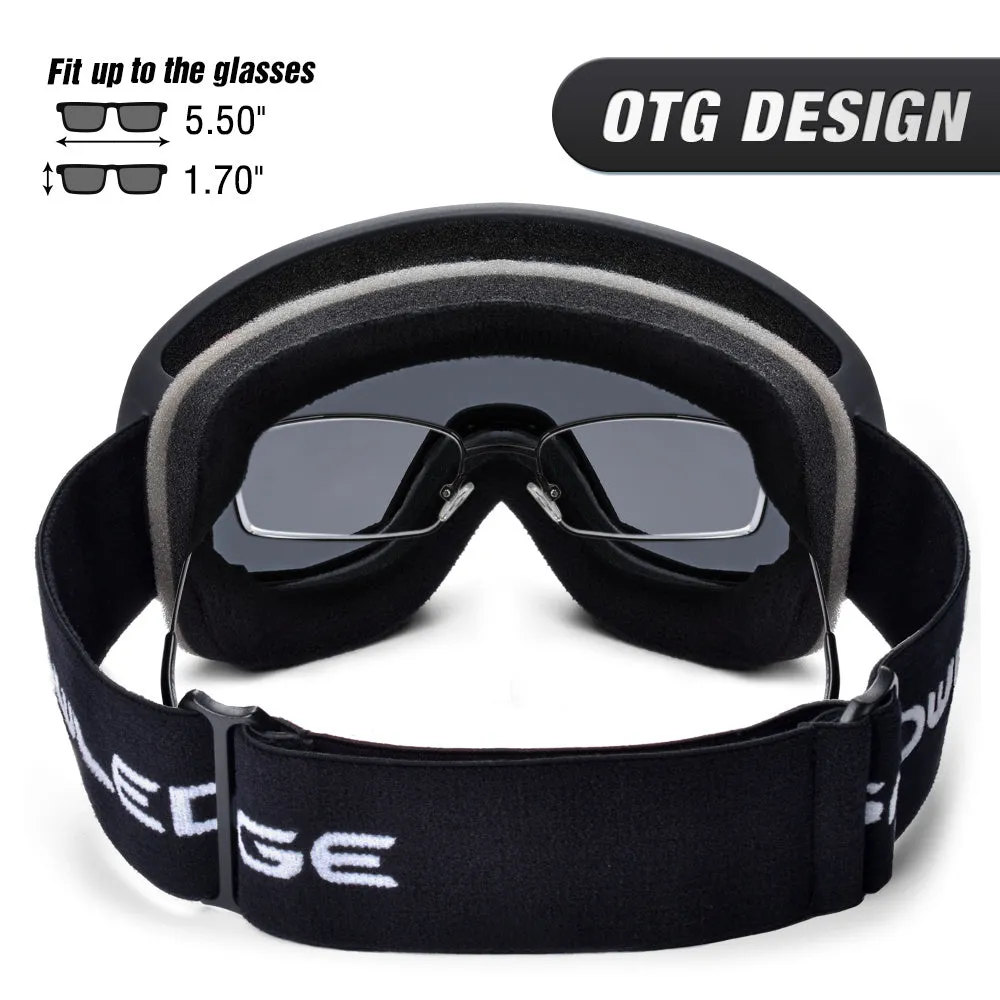 Double-layer anti-fog ski goggles in glossy white frame with pink dual lens and SNOWLEDGE laser logo