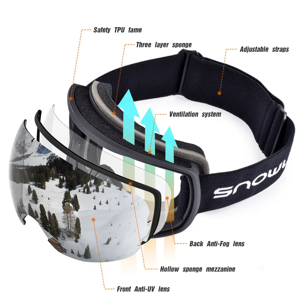Double-layer anti-fog ski goggles in glossy white frame with pink dual lens and SNOWLEDGE laser logo