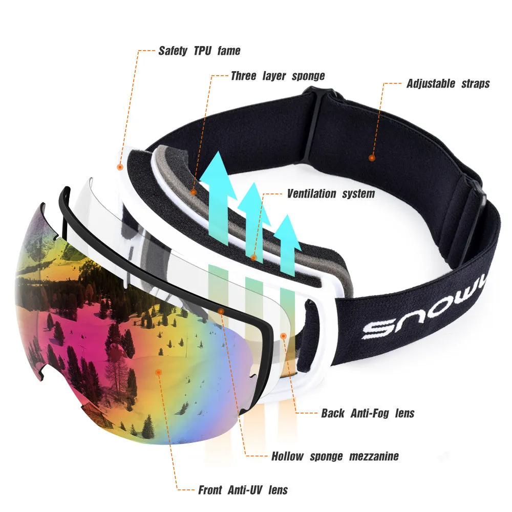 Double-layer anti-fog ski goggles in glossy white frame with pink dual lens and SNOWLEDGE laser logo