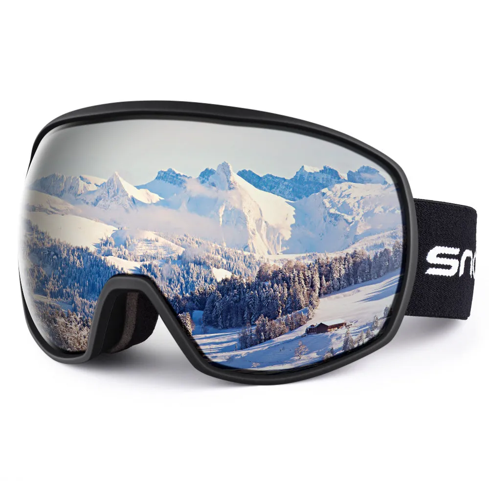 Double-layer anti-fog ski goggles in glossy white frame with pink dual lens and SNOWLEDGE laser logo