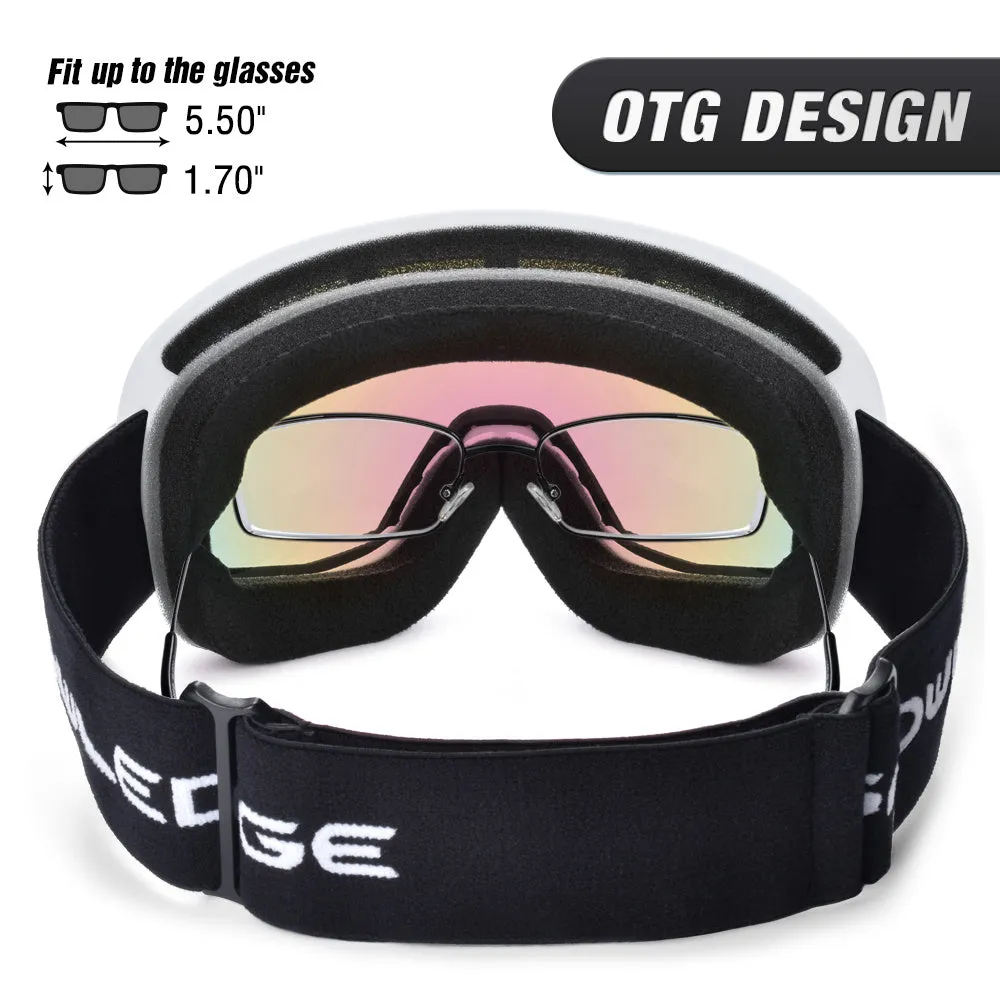 Double-layer anti-fog ski goggles in glossy white frame with pink dual lens and SNOWLEDGE laser logo