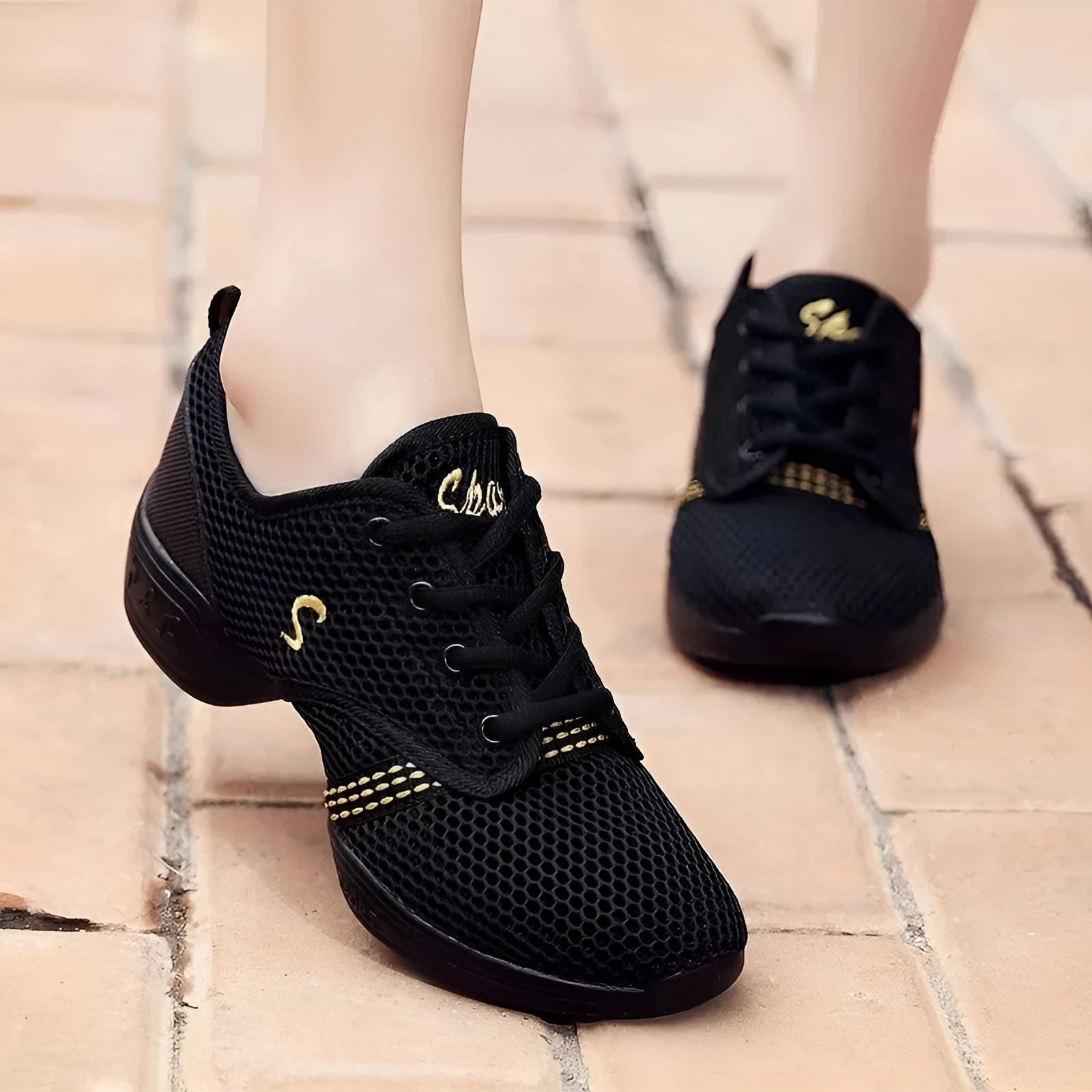 Women's rose red dance shoes with mesh upper, flat heel, round toe, and rubber sole for aerobics and studio use