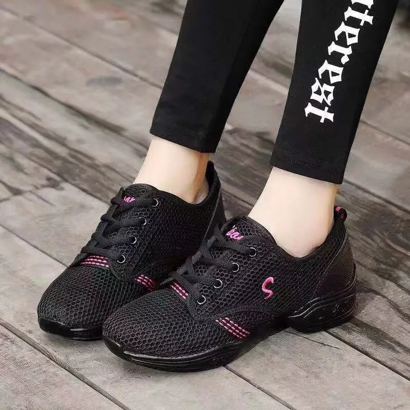 Women's rose red dance shoes with mesh upper, flat heel, round toe, and rubber sole for aerobics and studio use