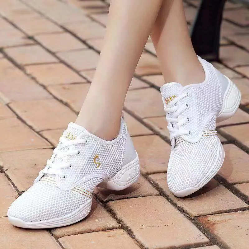 Women's rose red dance shoes with mesh upper, flat heel, round toe, and rubber sole for aerobics and studio use